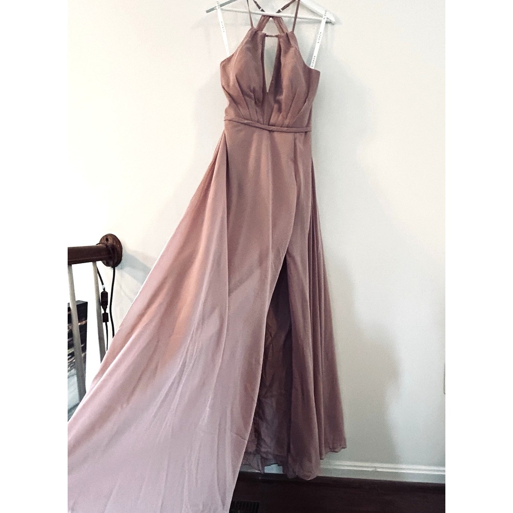 Azazie Evalleen Formal Dress A14 Dusty Rose Halter Slit Bridesmaid Maxi Gown NWT